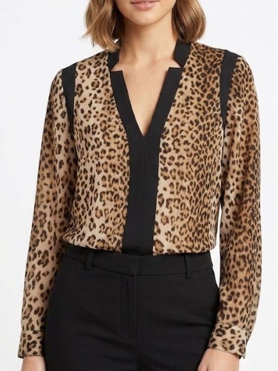 Nicole Tops - Nicole Leopard Print V-Neck Blouse with Black Trim - Brown/Black